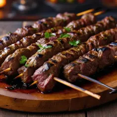 Na drewnianej desce leży kilka szaszłyków z soczystym, grillowanym mięsem. To prawdziwy kebab, pachnący i apetyczny, ozdobiony listkami pietruszki.