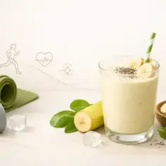 Szklanka koktajlu bananowego z nasionami chia, obok plastrów banana, zielonej maty i hantli.