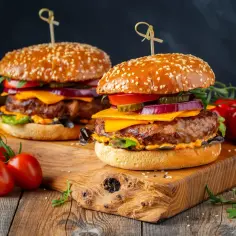 Dwa soczyste burgery z idealnie wysmażonym mięsem na burgery, serem, warzywami i bułką z sezamem, podane na drewnianej desce z pomidorkami.
