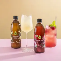 Dwie butelki kombuchy i dwa drinki z lodem, owocami i miętą na różowym tle.