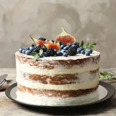 Nagi tort z warstwami biszkoptu i kremu z masła i jajek, ozdobiony świeżymi jagodami i figami.