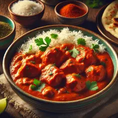 Aksamitny chicken masala z ryżem, podany z plackiem naan i limonką.