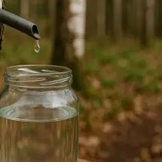 Kropla soku z brzozy spływa z rurki do słoika, w lesie.
