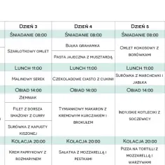 Tabela z planem tygodniowym posiłków, zawierająca śniadania, lunche i obiady.