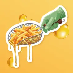 Zielona rękawica wyciąga z gorącego oleju koszyk pełen złocistej frytury.