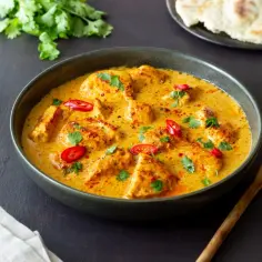 Aksamitne curry z kurczakiem, ozdobione chili i kolendrą. Czy można jeść curry w ciąży? To danie wygląda apetycznie!