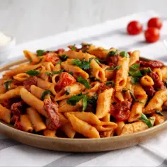 Talerz penne z sosem pomidorowym, suszonymi pomidorami i natką pietruszki.