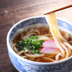 Gorący, parujący makaron udon w misce z bulionem, ozdobiony szczypiorkiem i różowymi plastrami ryby. Oto jak wygląda makaron udon!