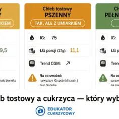 Porównanie chleba tostowego maślanego, pszennego i pełnoziarnistego pod kątem IG, ŁG i trendu CGM.