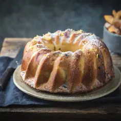 Wilgotna babka piaskowa Ewy gotuje, posypana cukrem pudrem i skórką cytrynową, na drewnianym blacie.