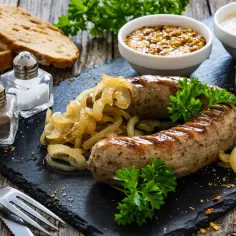 Pyszna biała kiełbasa pieczona w cebuli i musztardzie, podana z chlebem i przyprawami.