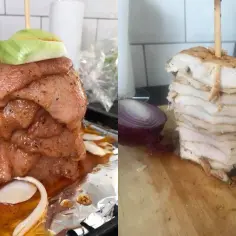 Surowy i upieczony kebab z piekarnika na patyku, z cebulą.