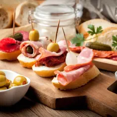 Talerz z różnorodnymi tapas na pieczywie: wędliny, oliwki, ogórki, suszone pomidory.