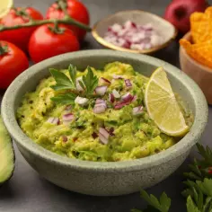 Miseczka guacamole z awokado, pomidorami, cebulą, limonką i nachos.
