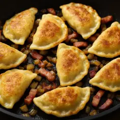 Złociste pierogi chłopskie smażone na patelni z chrupiącym boczkiem i cebulką.