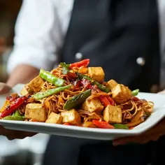 Talerz pełen aromatycznego makaronu z tofu, chrupiącymi warzywami i sosem. Idealne danie dla miłośników kuchni azjatyckiej.