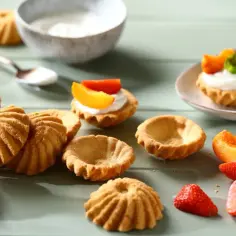 Sprawdzony przepis na kruche babeczki. Pyszne, złociste babeczki, niektóre puste, inne z kremem i owocami, gotowe do degustacji.