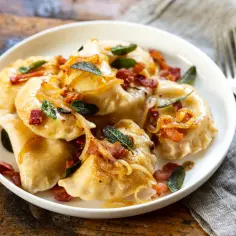 Pyszne pierogi z boczkiem i cebulką. Idealne, gdy zastanawiasz się, ile gotować pierogi, by były miękkie i pyszne.