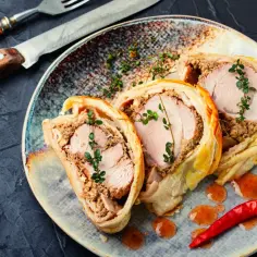 Krojony pasztet w cieście francuskim z ziołami i papryczką chili na talerzu.