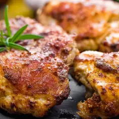 Soczyste udka kurczaka pieczone w piekarniku, z chrupiącą skórką i aromatyczną marynatą. Gałązka rozmarynu dodaje świeżości.