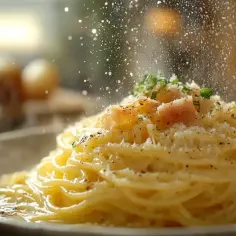 Pyszna carbonara posypana parmezanem. Idealny ser do carbonary to klucz do sukcesu tej potrawy.