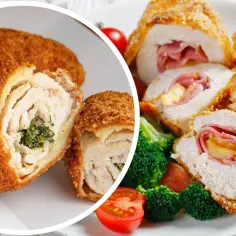 Kotlet de volaille z serem i szynką, podany z brokułami i pomidorkami.