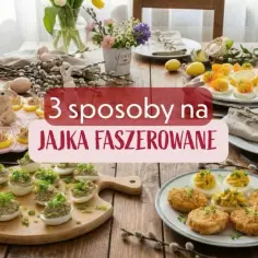 Stół wielkanocny z faszerowanymi jajkami, zajączkami i baziami.