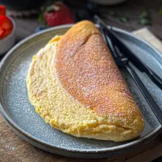 Puszysty omlet na talerzu, posypany cukrem pudrem, obok widelca i noża.