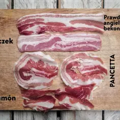 Na desce drewnianej ułożone są plastry boczku, prawdziwego angielskiego bekonu, jamón i pancetta.