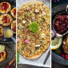 Trzy potrawy z rabarbarem: tartaletki z truskawkami, pizza z rabarbarem i ryba z sosem rabarbarowym.