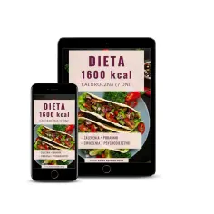 Telefon i tablet prezentujące dietę 1600 kcal z taco i warzywami.