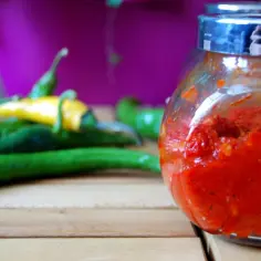 Słoik z ostrą pastą sambal i świeże papryczki chili na drewnianym tle.