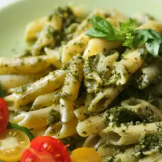 Makaron penne z pesto i pomidorkami koktajlowymi na zielonym talerzu.