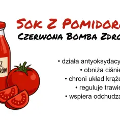 Butelka soku pomidorowego, pomidor i jego kawałki, z napisem "Sok z pomidorów - czerwona bomba zdrowia".