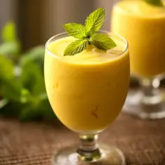 Orzeźwiający mango lassi, ozdobiony listkami mięty, w szklance na tle zielonych liści.