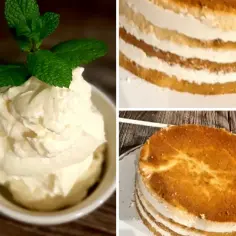 Puszysta bita śmietana z mascarpone, udekorowana miętą, obok warstwowego biszkoptu.