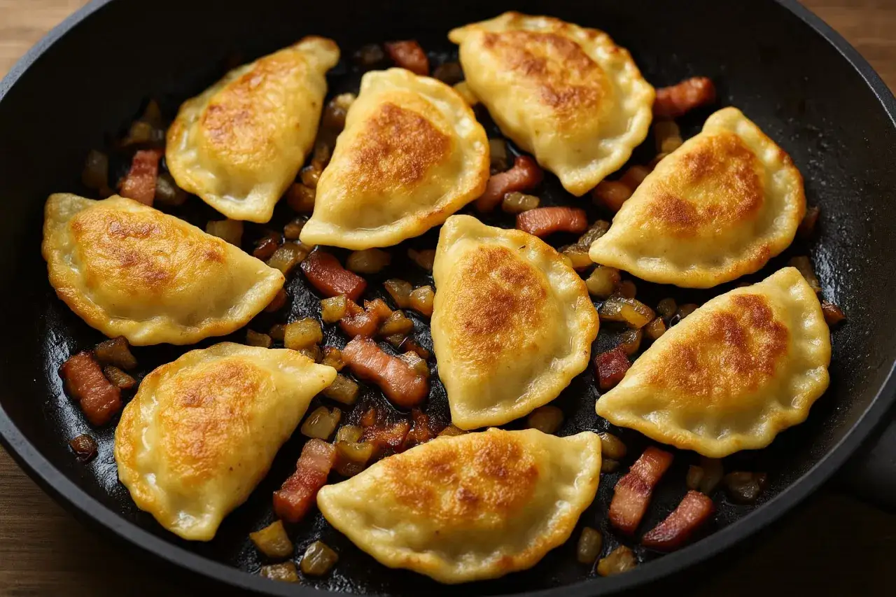 Złociste pierogi chłopskie smażone na patelni z chrupiącym boczkiem i cebulką.