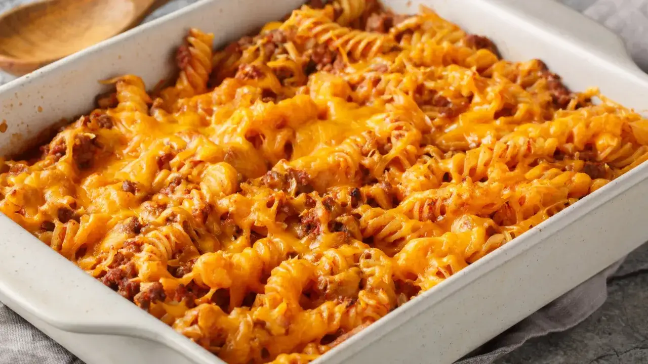 Zapiekanka makaronowa z mięsem mielonym w sosie śmietanowym, obficie posypana roztopionym serem cheddar.
