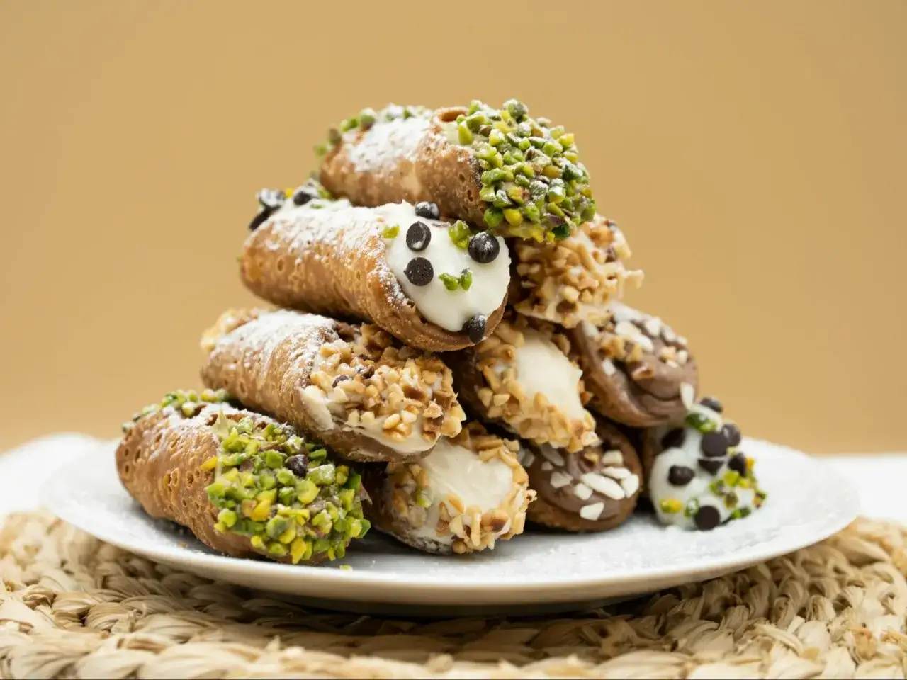 Stos pysznych cannoli, ozdobionych pistacjami, orzechami i czekoladą. Idealny przepis na cannoli, który zachwyci każdego.