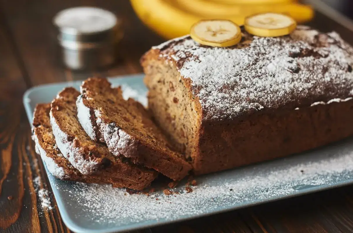 Pyszne ciasto z bananami, posypane cukrem pudrem, z plasterkami banana na wierzchu. Pokrojone na kromki, prezentuje swoje wilgotne wnętrze.