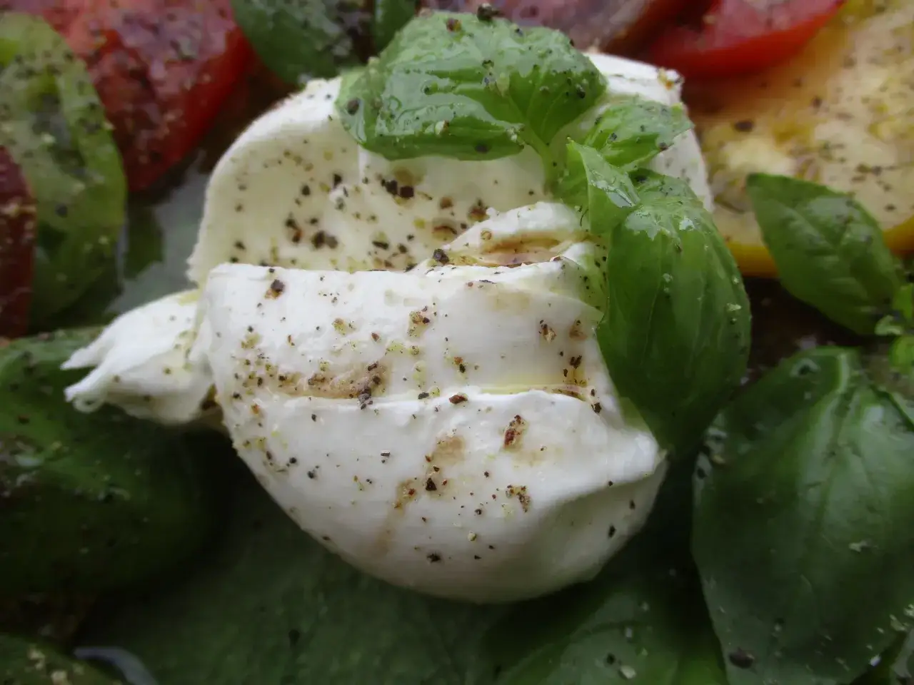 Pyszna burrata, co to jest? Świeża mozzarella z bazylią i pomidorami, doprawiona pieprzem.