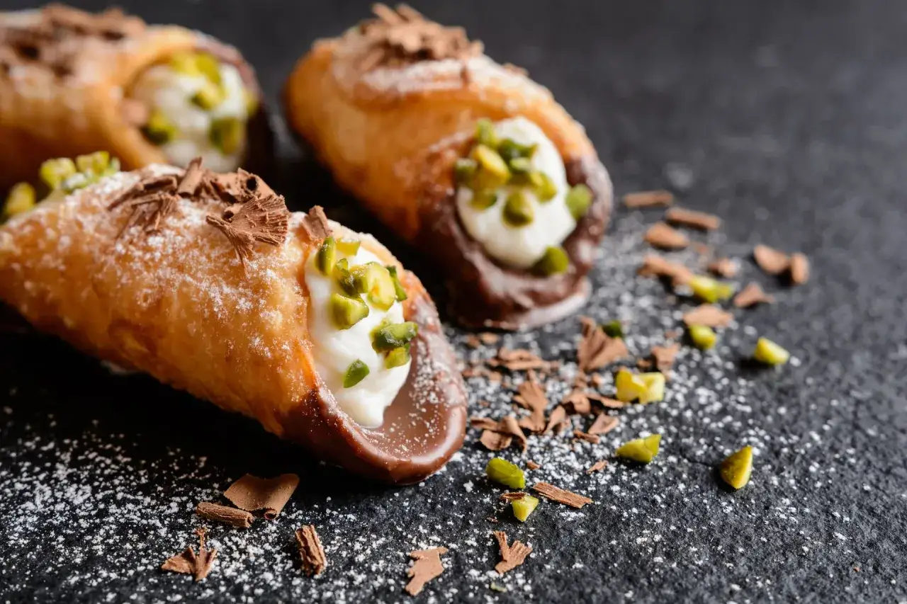 Pyszne cannoli z kremem, pistacjami i czekoladą. Idealne na deser, gdy szukasz przepisu na coś wyjątkowego.