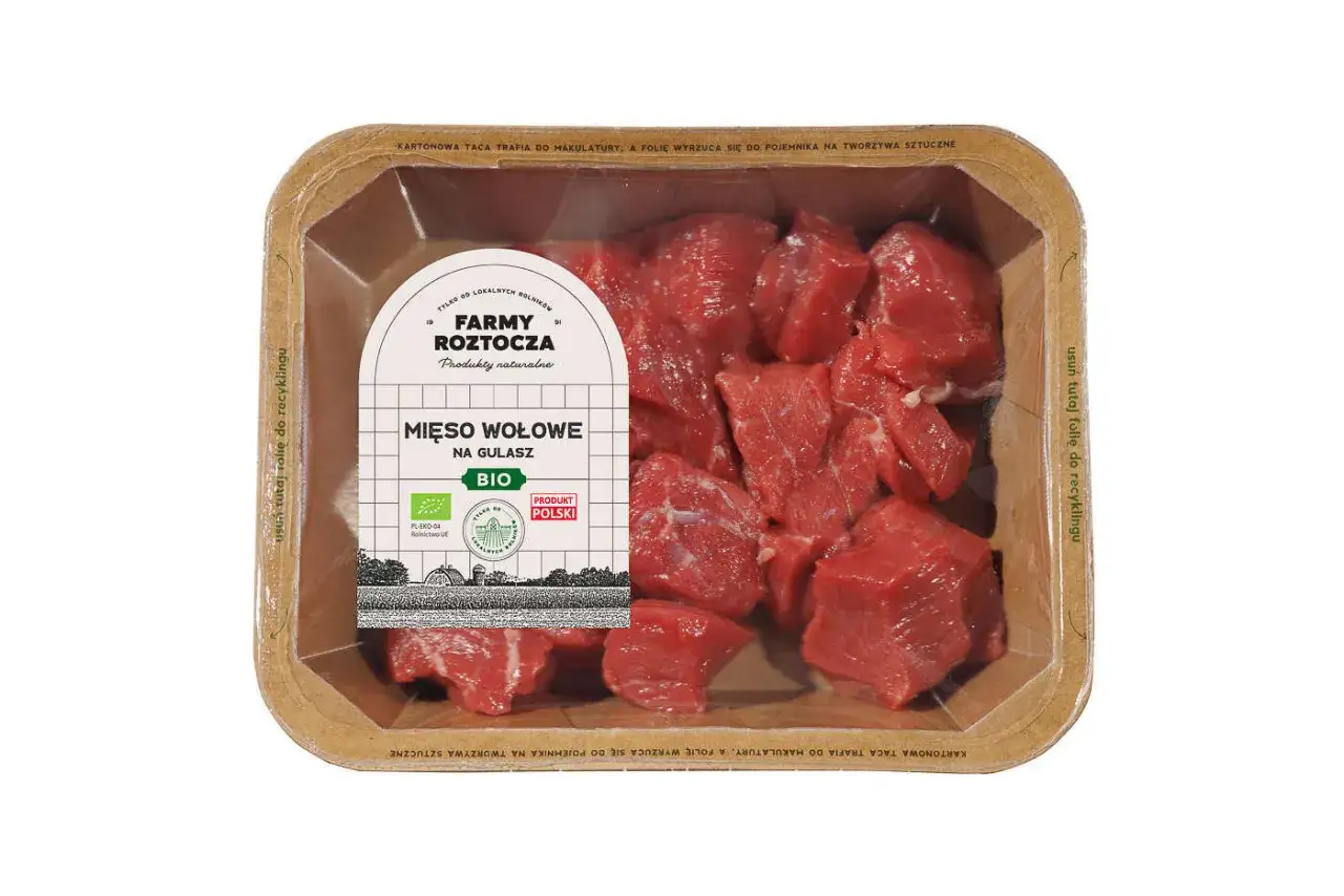 Mięso wołowe pokrojone w kostkę, idealne na gulasz. Produkt z Farm Roztocza, bio, polski.