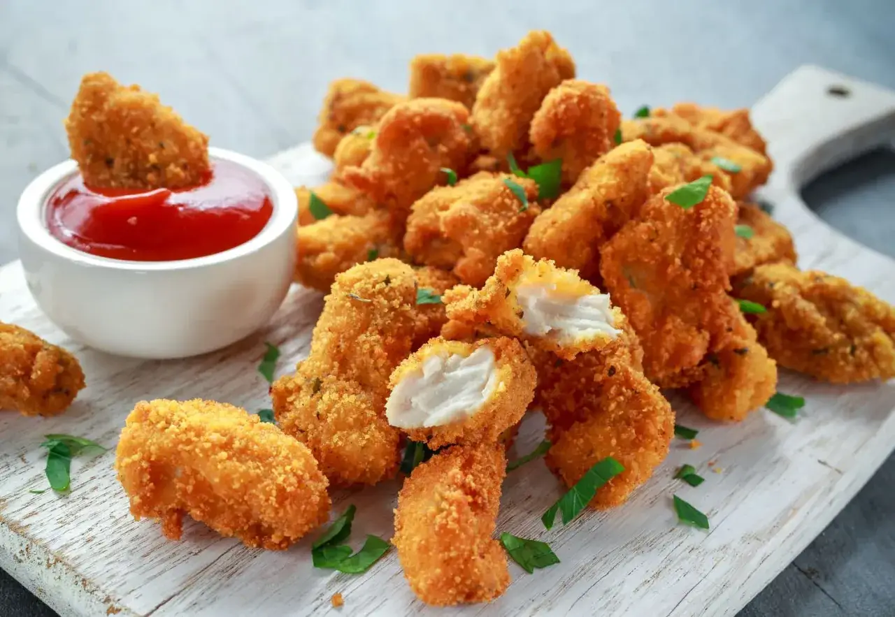 Chrupiący kurczak w panko, idealny do maczania w ketchupie. Soczyste kawałki mięsa w złocistej panierce.