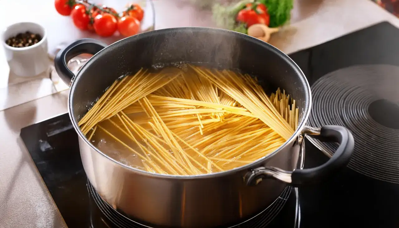 Gotujesz makaron spaghetti w garnku. To pierwszy krok, jak zrobić spaghetti.