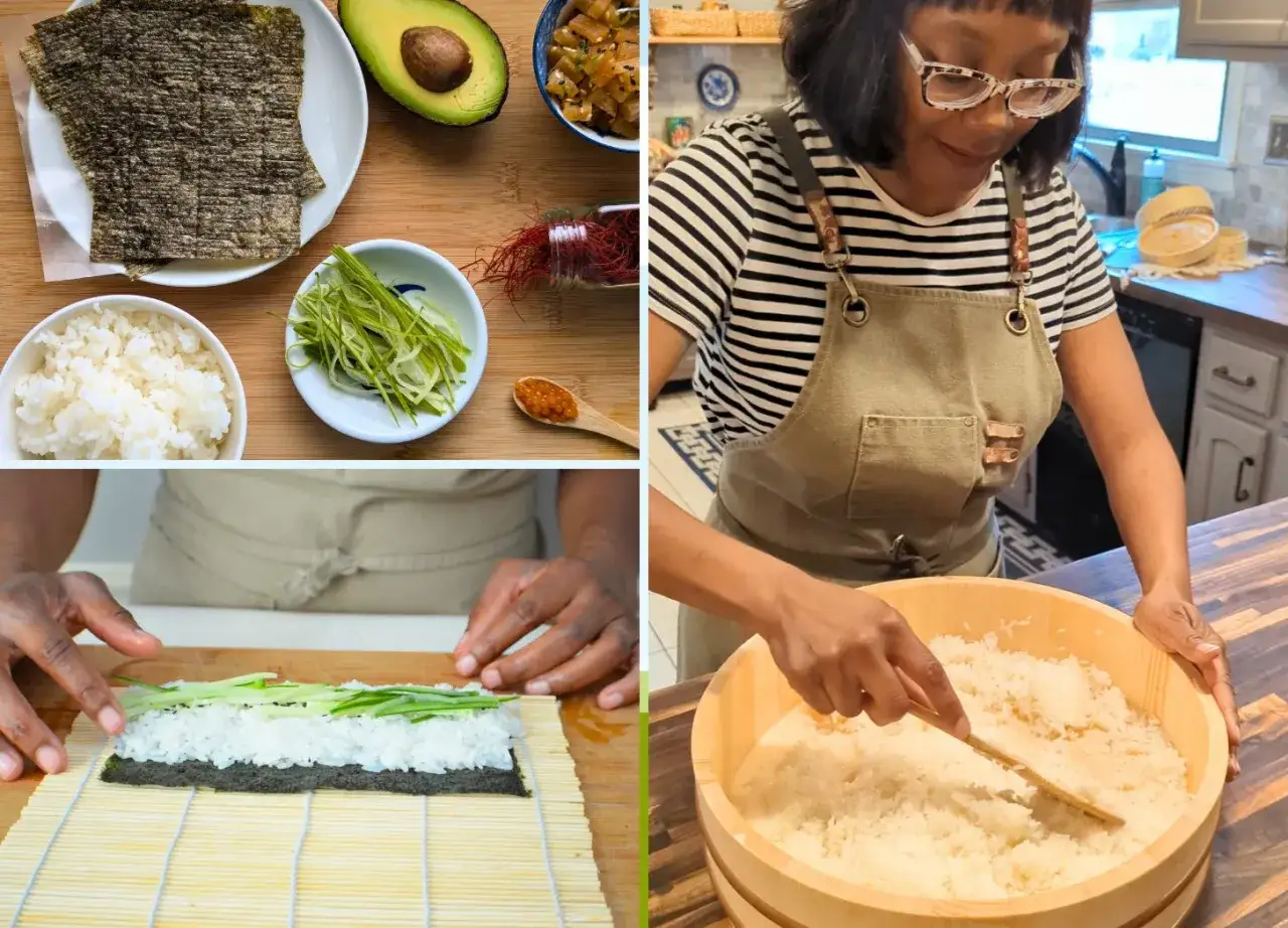 Przygotowanie ryżu do sushi: składniki i proces zwijania rolki.