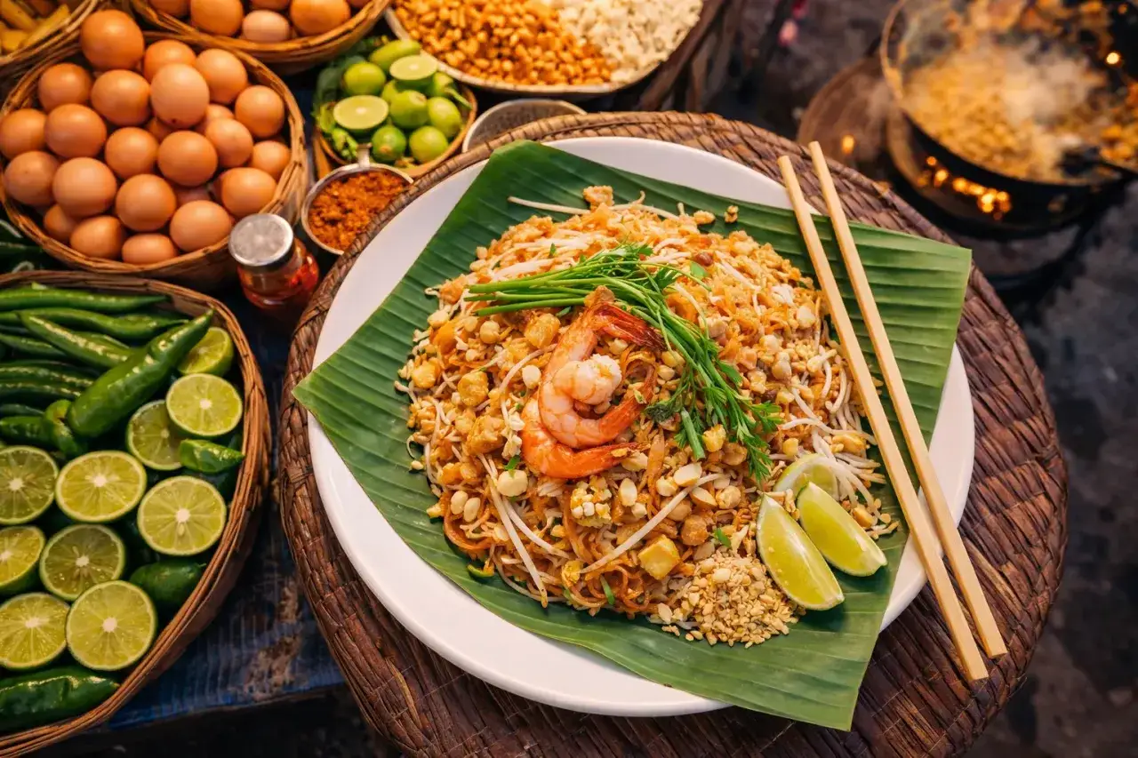 Pyszny pad thai co to? Danie z krewetkami, kiełkami i orzeszkami ziemnymi, podane na liściu bananowca. Obok składniki: jajka, limonki, papryczki chili.