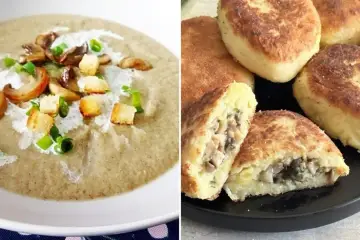 Krem z pieczarek z grzankami i kotleciki ziemniaczane z pieczarkami.