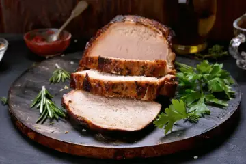 Pokrojony pieczony schab z ziołami i sosem na drewnianej desce.