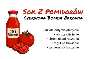 Butelka soku pomidorowego, pomidor i jego kawałki, z napisem "Sok z pomidorów - czerwona bomba zdrowia".